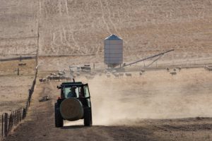 A backlit photo of a tractor with dust and a silo in the background.